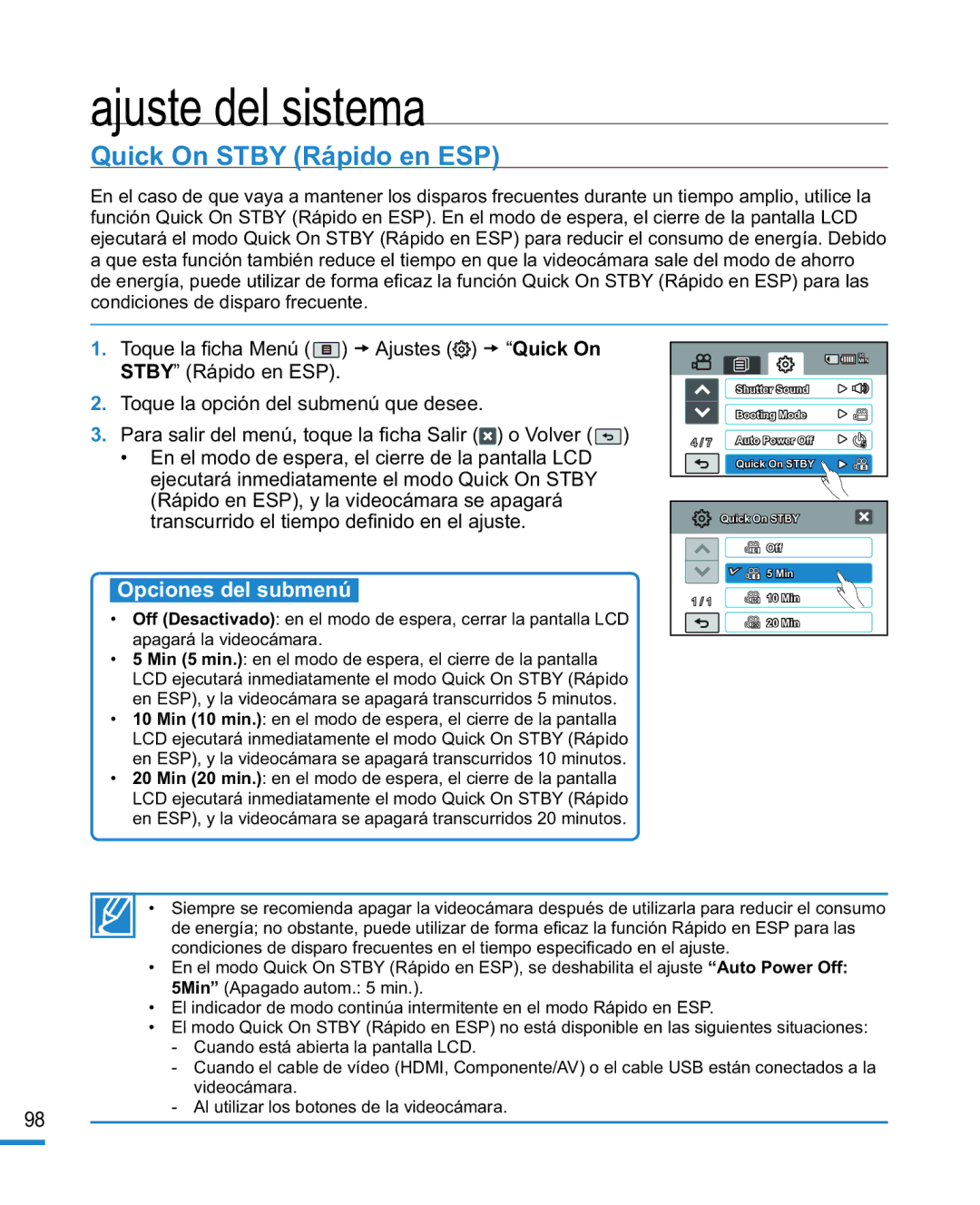 Samsung HMX-R10BP/EDC, HMX-R10SP/EDC manual Quick On Stby Rápido en ESP 