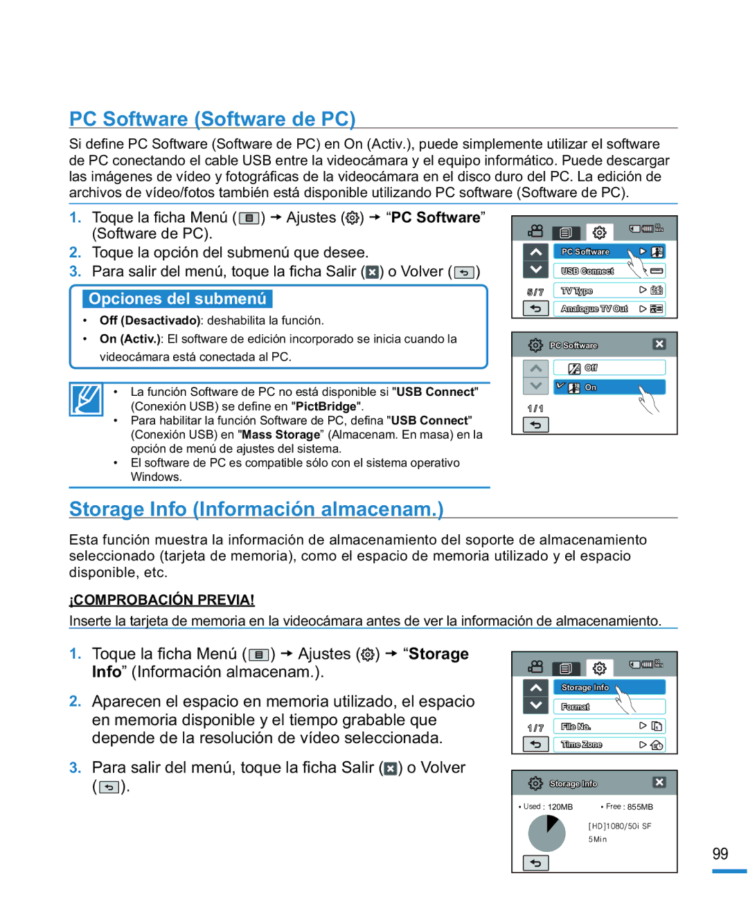 Samsung HMX-R10SP/EDC, HMX-R10BP/EDC manual PC Software Software de PC, Storage Info Información almacenam 