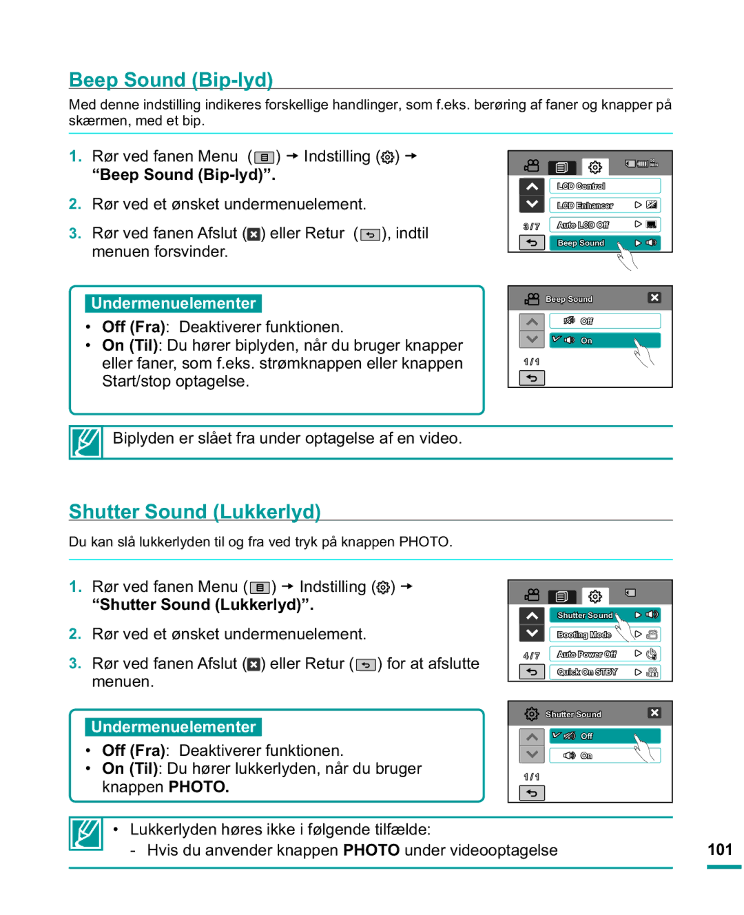 Samsung HMX-R10SP/EDC, HMX-R10BP/EDC manual Beep Sound Bip-lyd, Shutter Sound Lukkerlyd, 101 