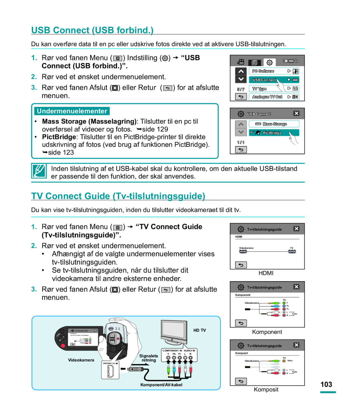 Samsung HMX-R10SP/EDC, HMX-R10BP/EDC manual USB Connect USB forbind, TV Connect Guide Tv-tilslutningsguide, 103 