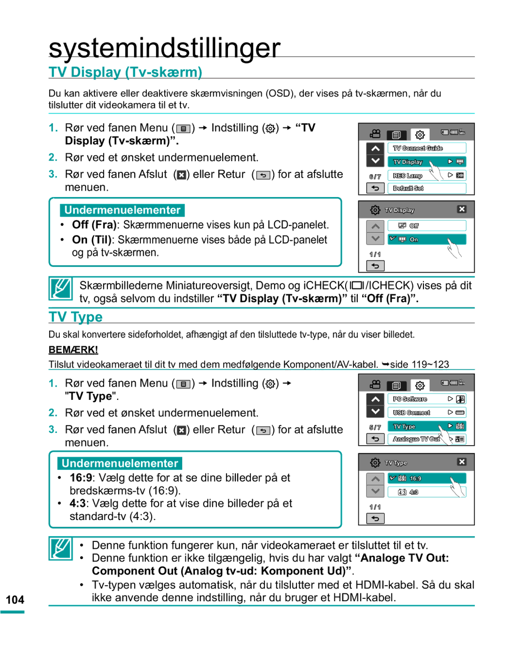 Samsung HMX-R10BP/EDC, HMX-R10SP/EDC manual TV Display Tv-skærm, TV Type, Rør ved fanen Menu t,QGVWLOOLQJ t TV 