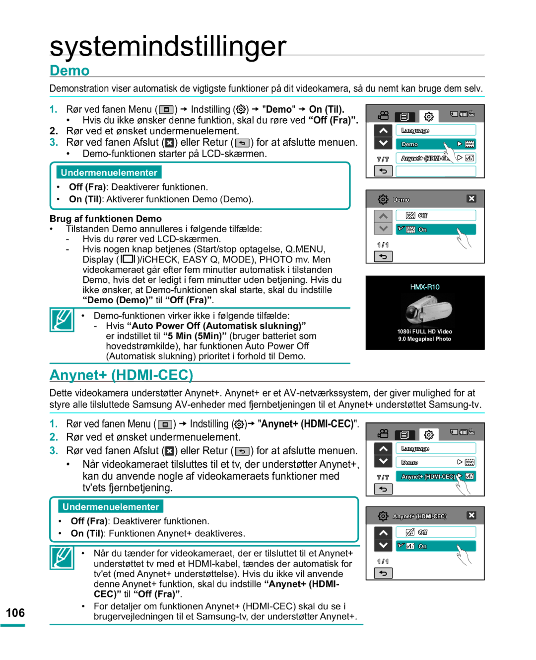 Samsung HMX-R10BP/EDC, HMX-R10SP/EDC manual Anynet+ HDMI-CEC, Brug af funktionen Demo 