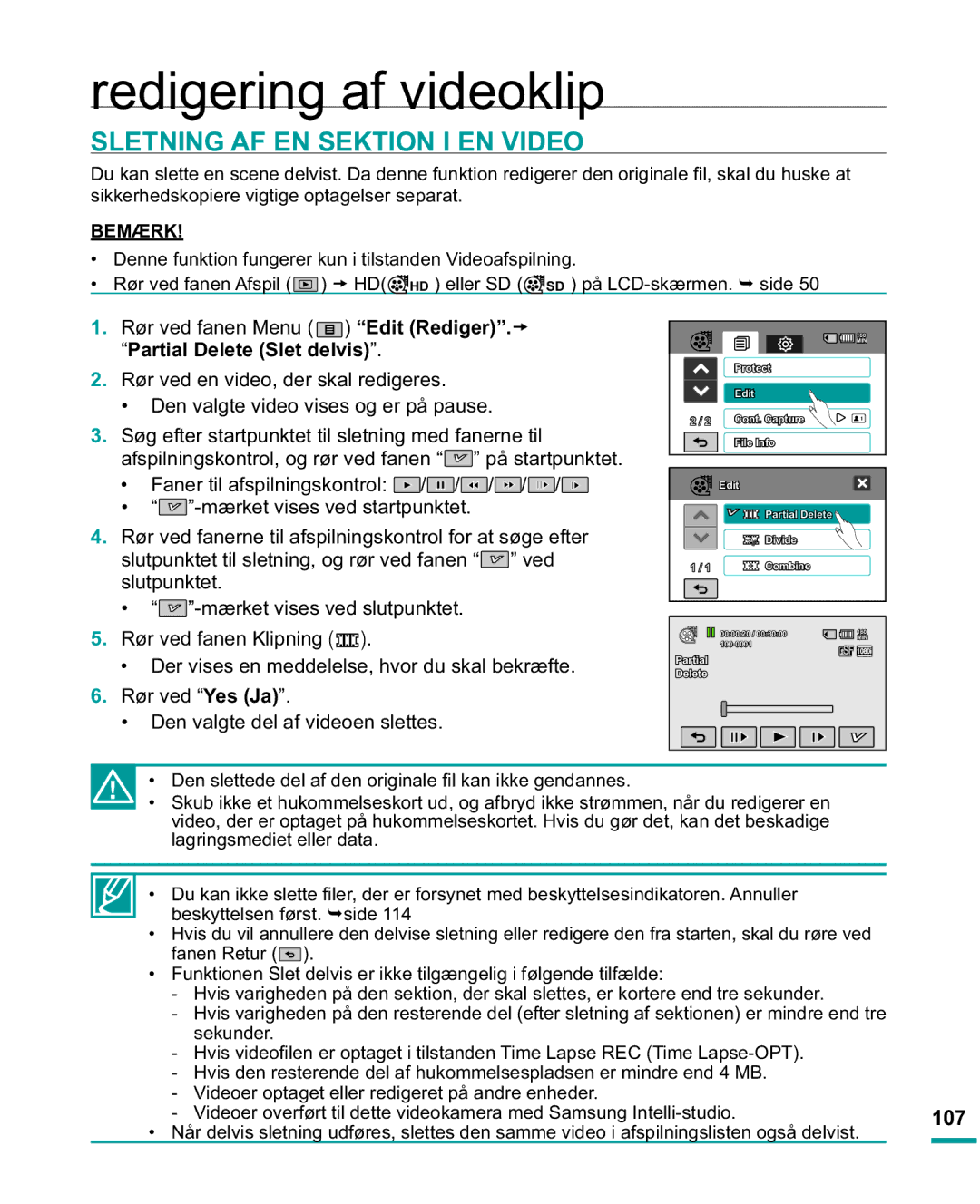 Samsung HMX-R10SP/EDC, HMX-R10BP/EDC Redigering af videoklip, Sletning AF EN Sektion I EN Video, Edit Rediger. t, Iwh 