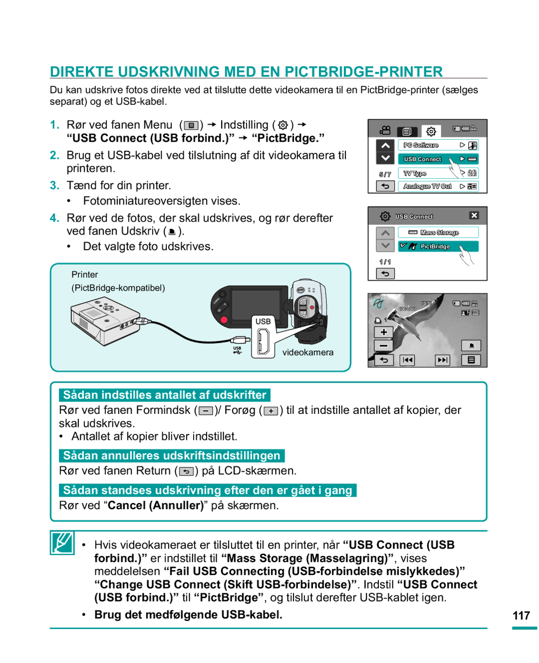 Samsung HMX-R10SP/EDC manual Direkte Udskrivning MED EN PICTBRIDGE-PRINTER, Sådan indstilles antallet af udskrifter 