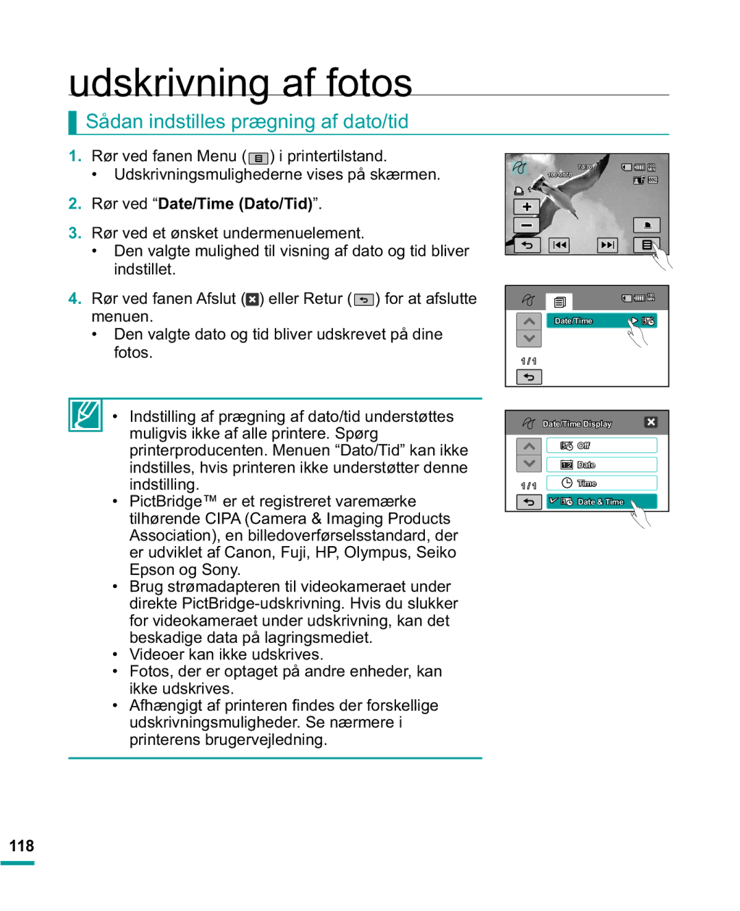 Samsung HMX-R10BP/EDC, HMX-R10SP/EDC manual 6nGDQLQGVWLOOHVSU JQLQJDIGDWRWLG, Rør ved fanen Menu i printertilstand, 118 