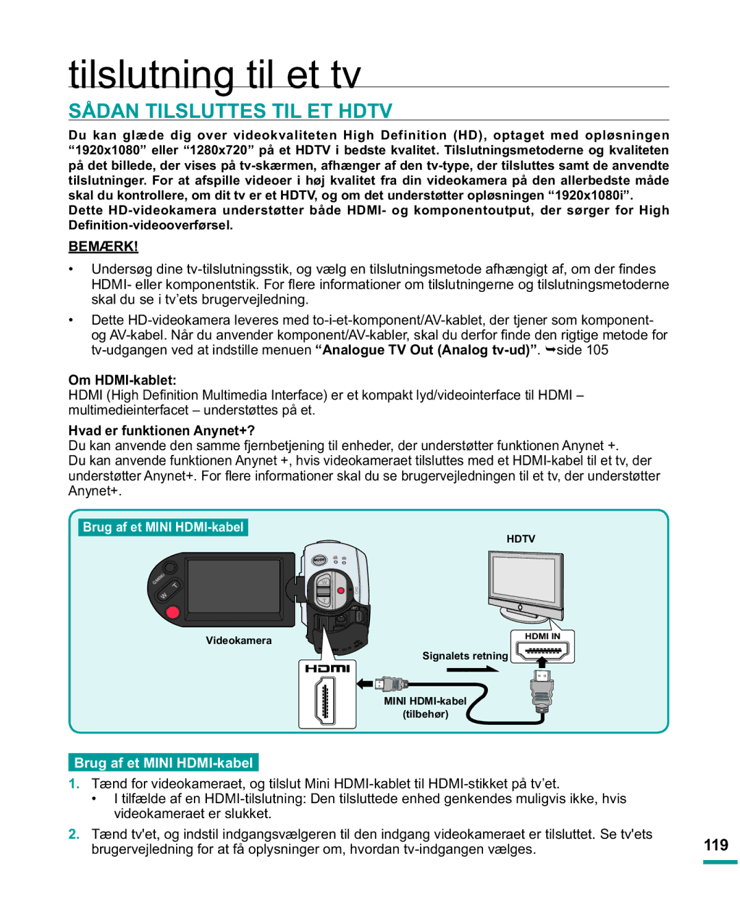 Samsung HMX-R10SP/EDC, HMX-R10BP/EDC Tilslutning til et tv, Sådan Tilsluttes TIL ET Hdtv, Hvad er funktionen Anynet+?, 119 