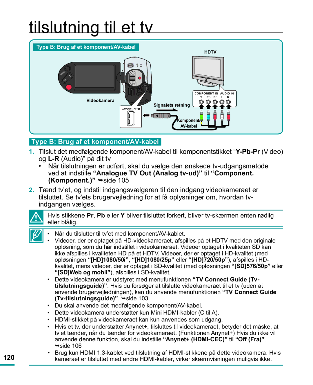 Samsung HMX-R10BP/EDC, HMX-R10SP/EDC manual Type B Brug af et komponent/AV-kabel, LqgjdqjhqY Ojhv, 120 