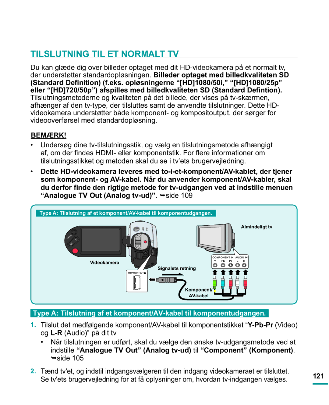 Samsung HMX-R10SP/EDC manual Tilslutning TIL ET Normalt TV, Analogue TV Out Analog tv-ud. ¬side, Og L-RAudio på dit tv, 121 