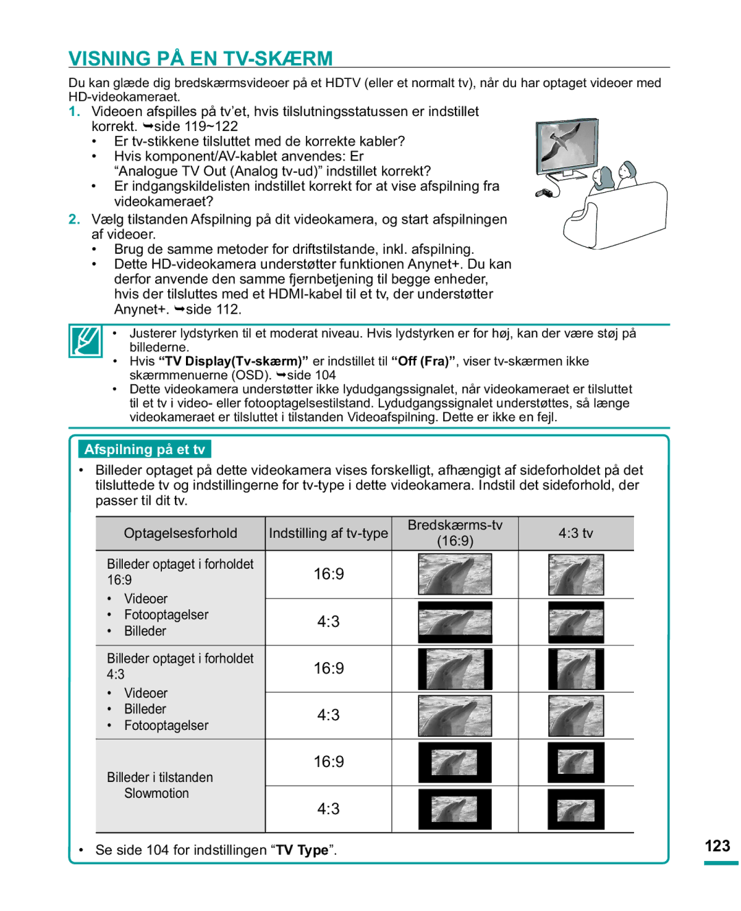 Samsung HMX-R10SP/EDC, HMX-R10BP/EDC manual Visning PÅ EN TV-SKÆRM, 169, 9LGHRHU, Se side 104 for indstillingen TV Type 123 