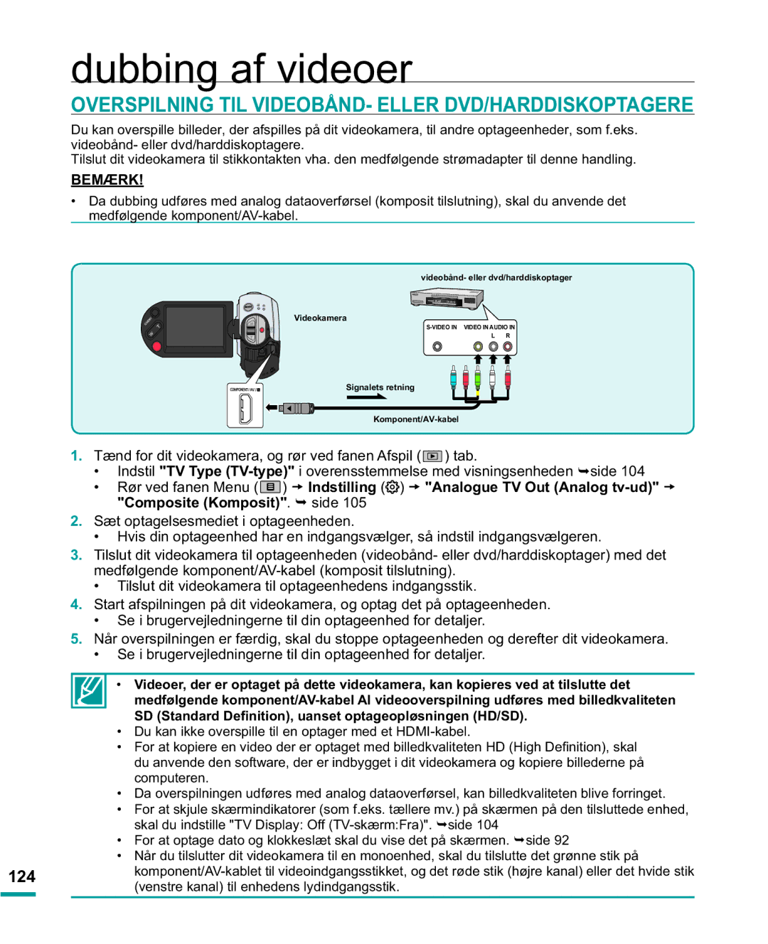 Samsung HMX-R10BP/EDC, HMX-R10SP/EDC manual Dubbing af videoer, Overspilning TIL VIDEOBÅND- Eller DVD/HARDDISKOPTAGERE 