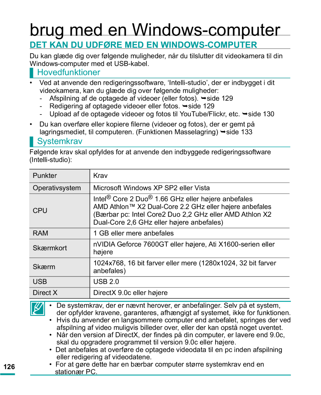 Samsung HMX-R10BP/EDC, HMX-R10SP/EDC manual DET KAN DU Udføre MED EN WINDOWS-COMPUTER, Hovedfunktioner, Systemkrav 