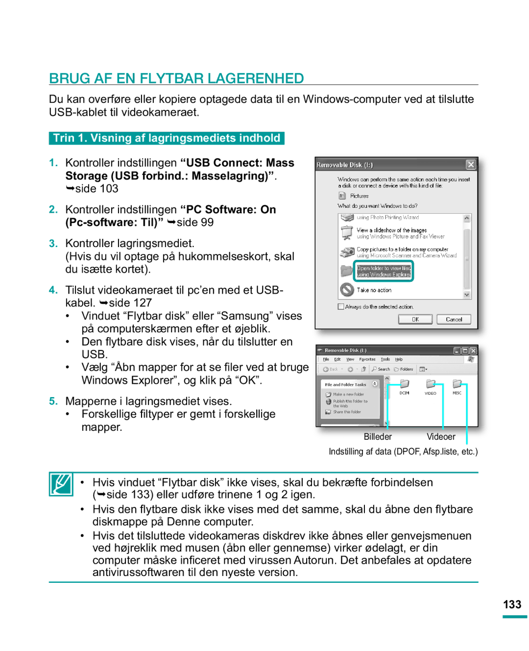 Samsung HMX-R10SP/EDC Trin 1. Visning af lagringsmediets indhold, Storage USB forbind. Masselagring, Pc-software Til ¬side 