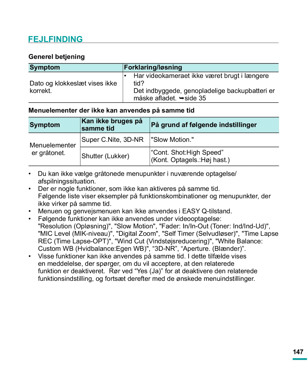 Samsung HMX-R10SP/EDC Generel betjening Symptom Forklaring/løsning, Menuelementer der ikke kan anvendes på samme tid, 147 