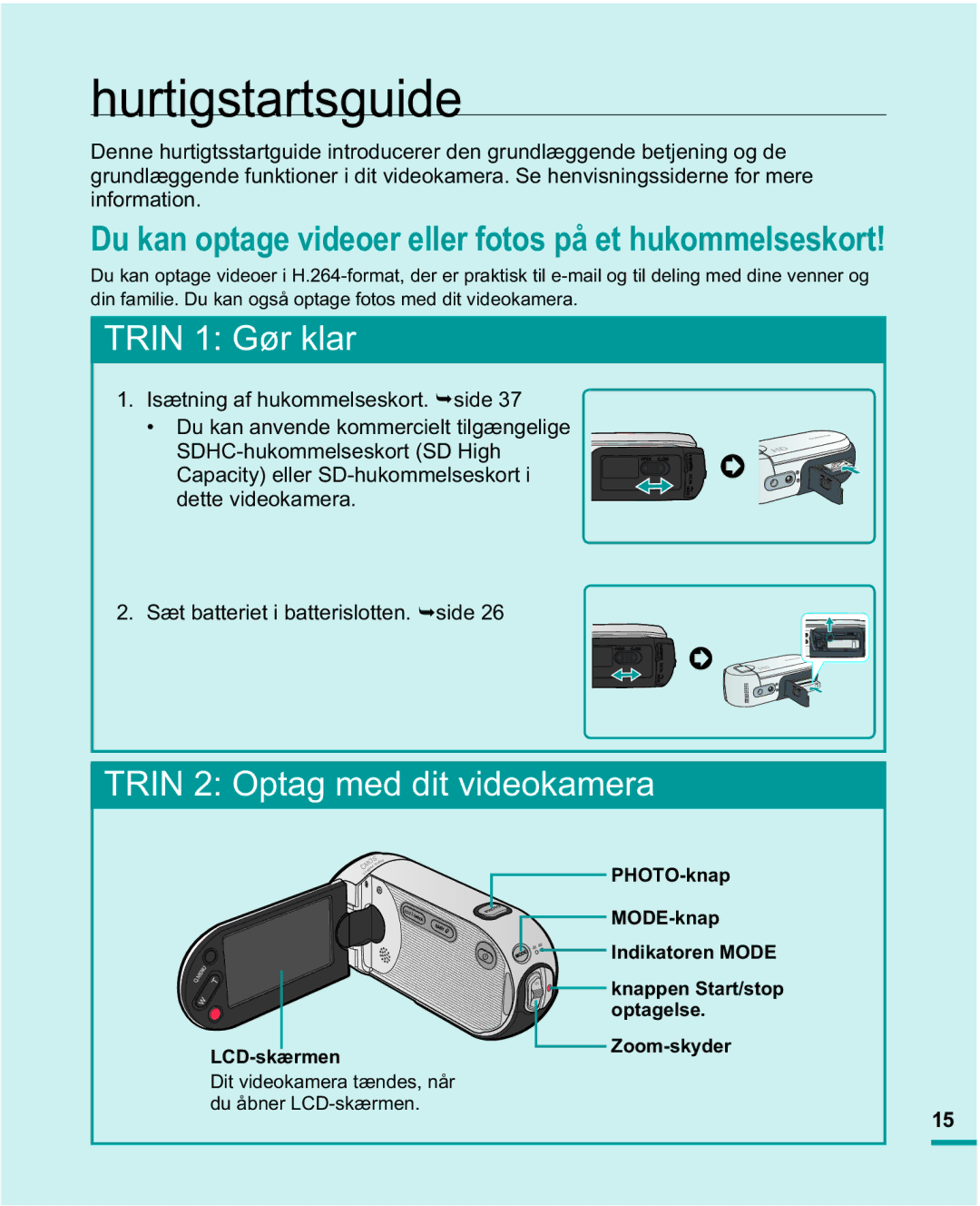 Samsung HMX-R10SP/EDC, HMX-R10BP/EDC manual Hurtigstartsguide, LCD-skærmen 