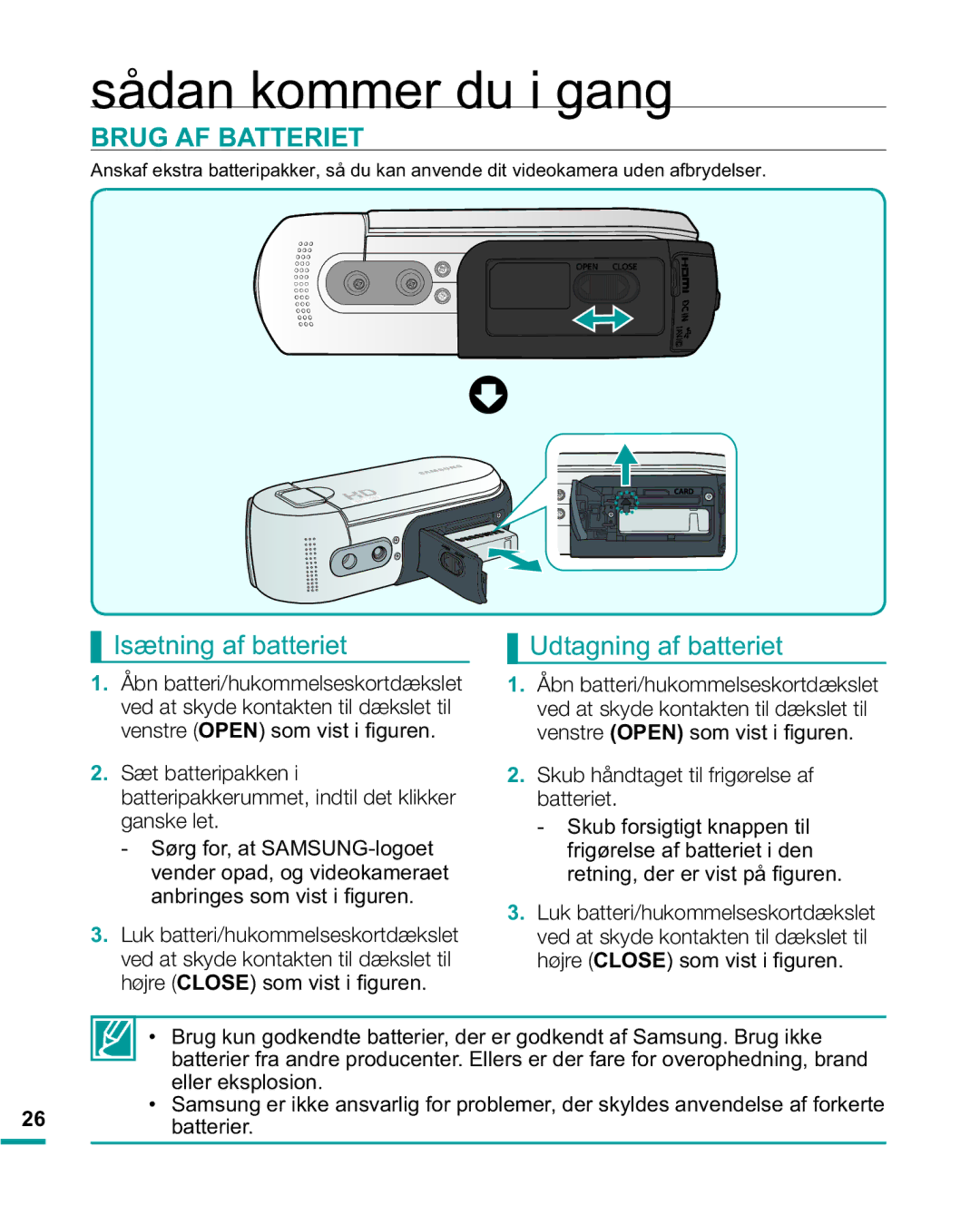 Samsung HMX-R10BP/EDC Sådan kommer du i gang, Brug AF Batteriet, Udtagning af batteriet, DqeulqjhvVrpYlvwL¿Jxuhq 