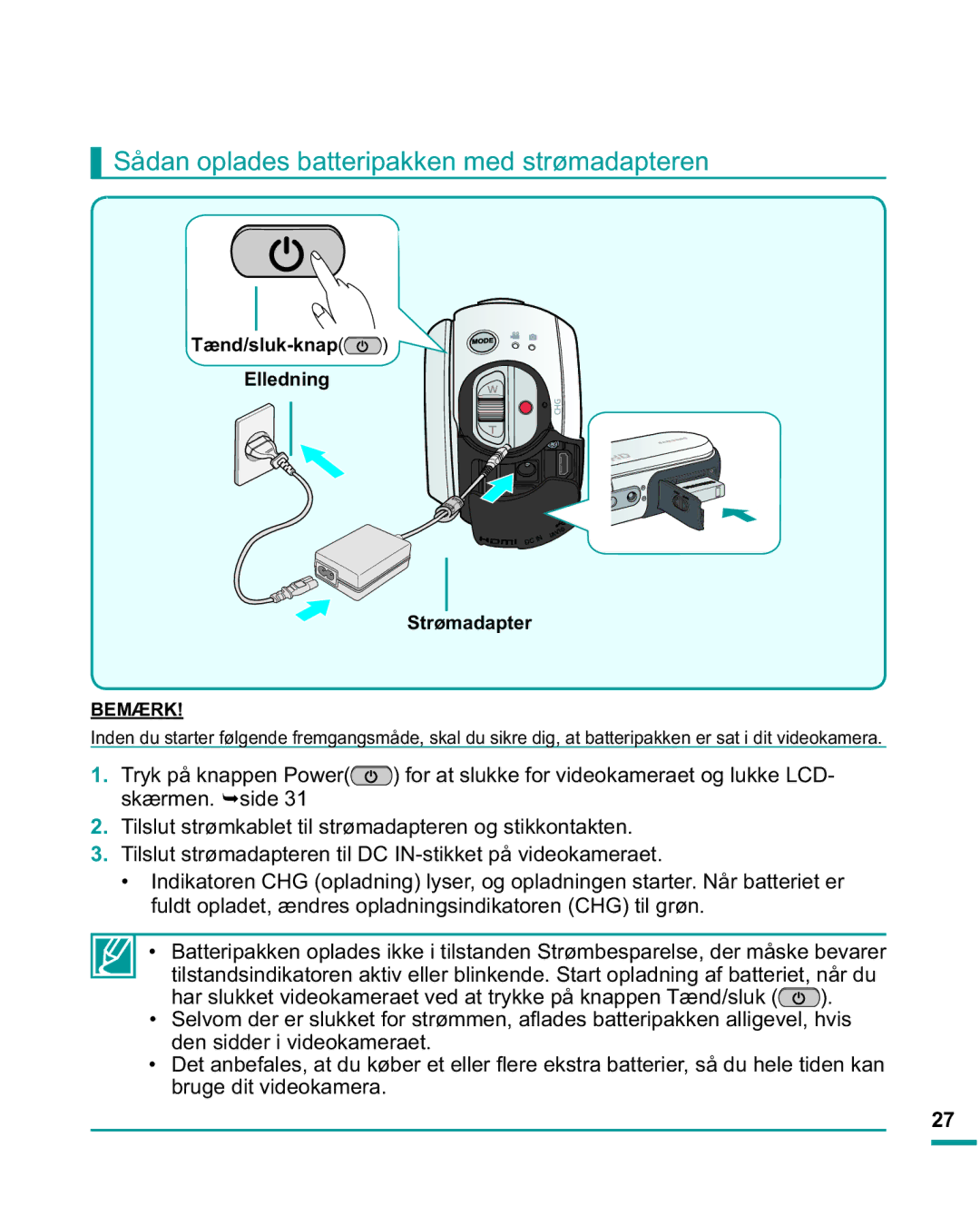 Samsung HMX-R10SP/EDC manual Sådan oplades batteripakken med strømadapteren, Tænd/sluk-knap Elledning, Strømadapter 