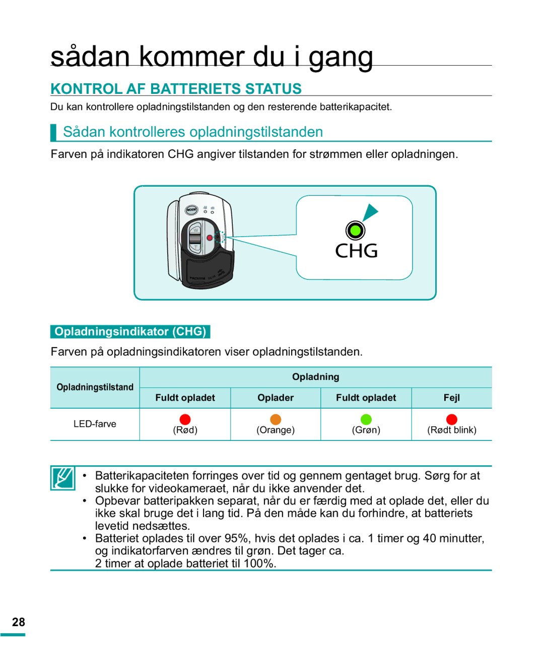 Samsung HMX-R10BP/EDC manual Kontrol AF Batteriets Status, Sådan kontrolleres opladningstilstanden, Opladningsindikator CHG 