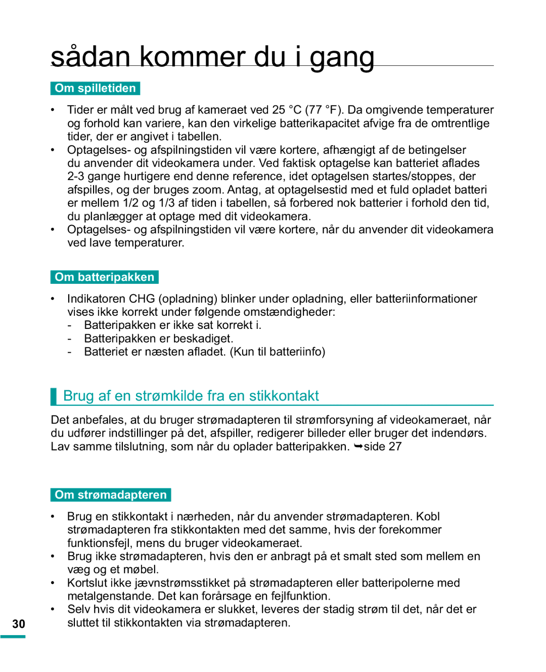 Samsung HMX-R10BP/EDC manual Brug af en strømkilde fra en stikkontakt, Om spilletiden, Om batteripakken, Om strømadapteren 