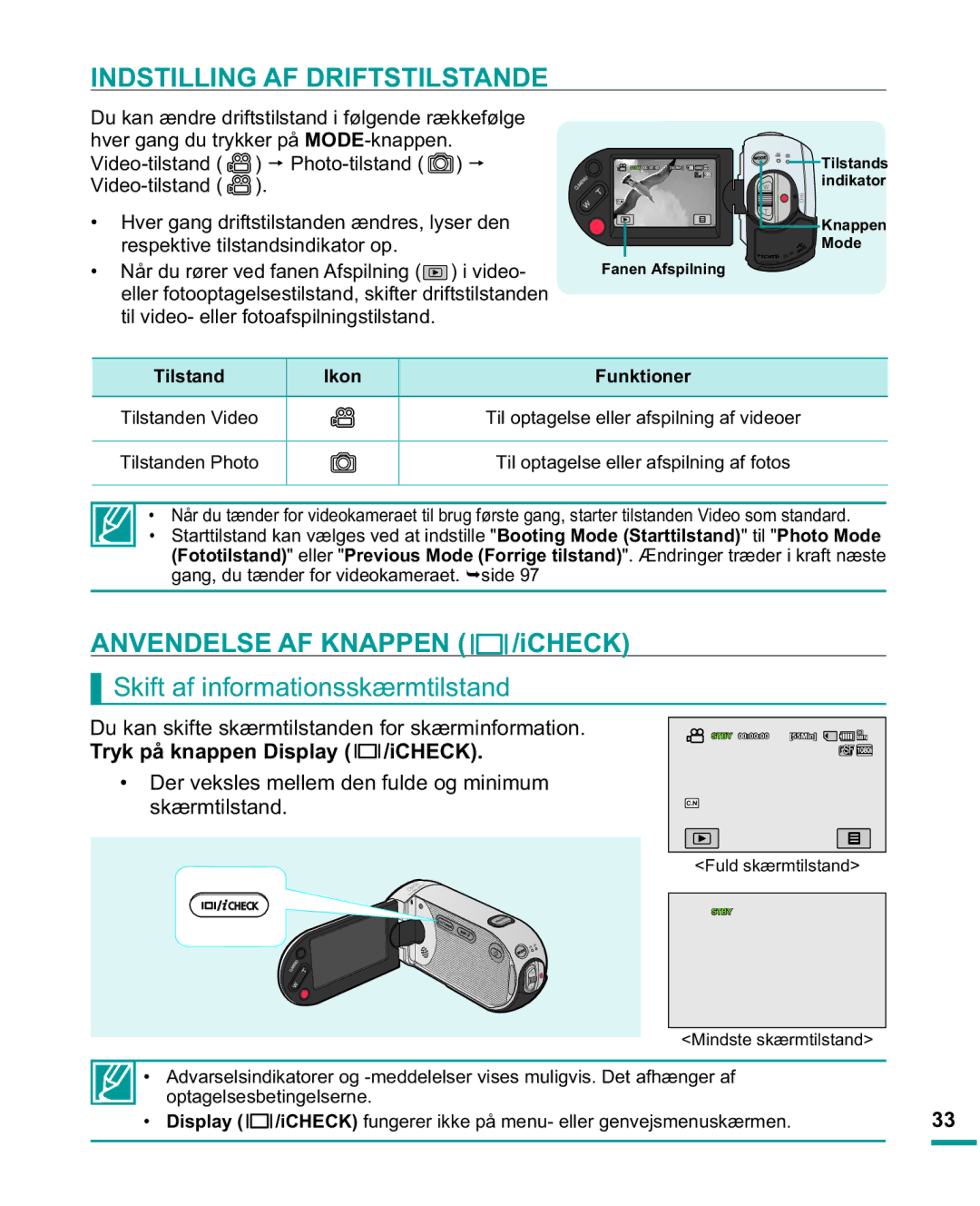 Samsung HMX-R10SP/EDC manual Indstilling AF Driftstilstande, Anvendelse AF Knappen /iCHECK, Tryk på knappen Display /iCHECK 