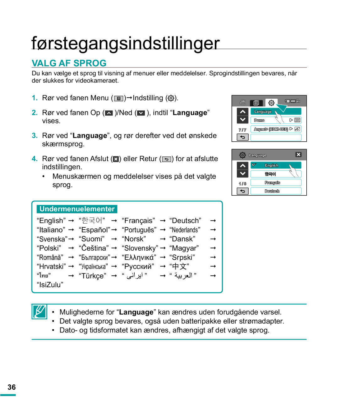 Samsung HMX-R10BP/EDC, HMX-R10SP/EDC manual Valg AF Sprog, Vn Upvsurj, Ęðû, ³,VL=XOX´ 