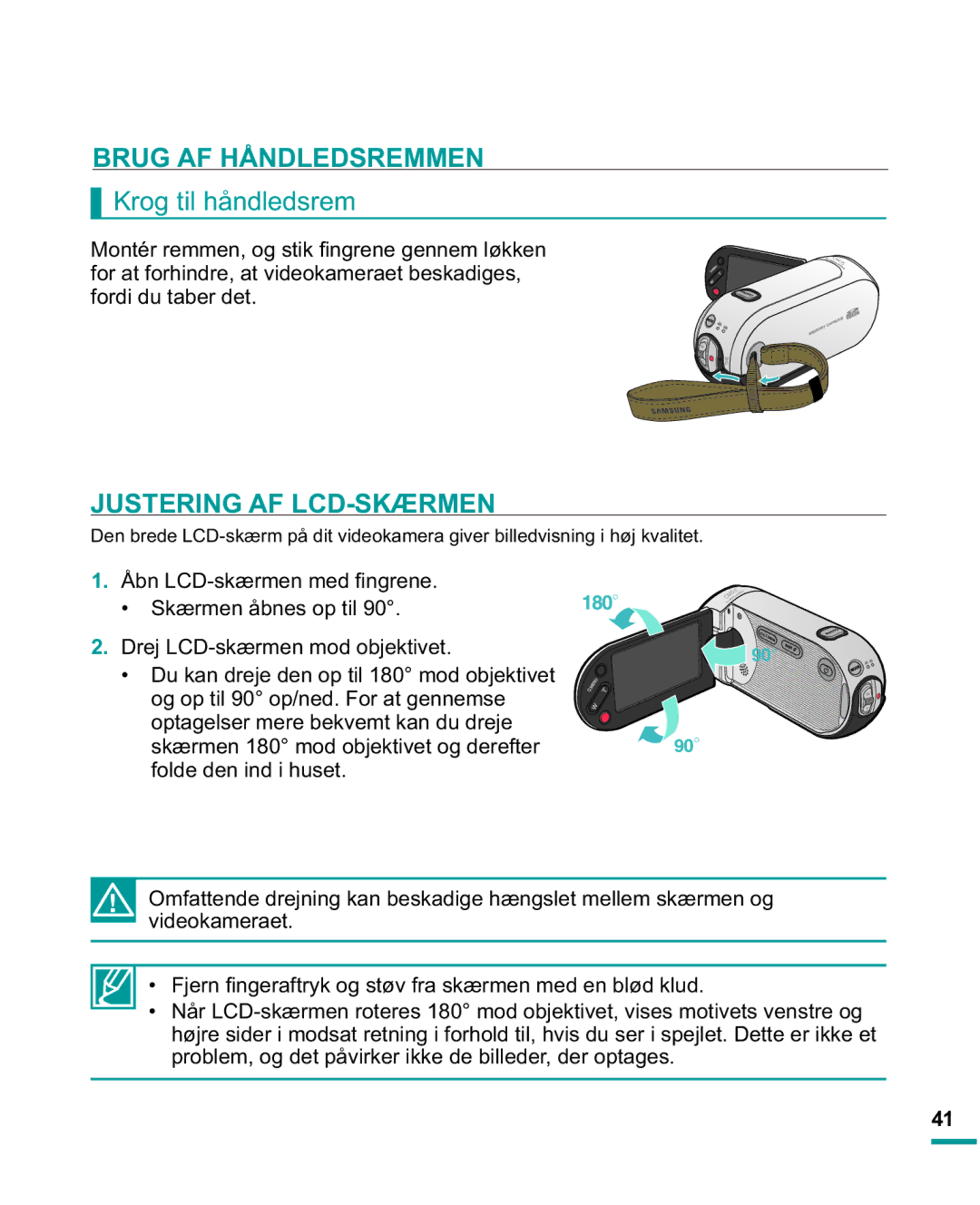 Samsung HMX-R10SP/EDC, HMX-R10BP/EDC manual Brug AF Håndledsremmen, Krog til håndledsrem, Justering AF LCD-SKÆRMEN 