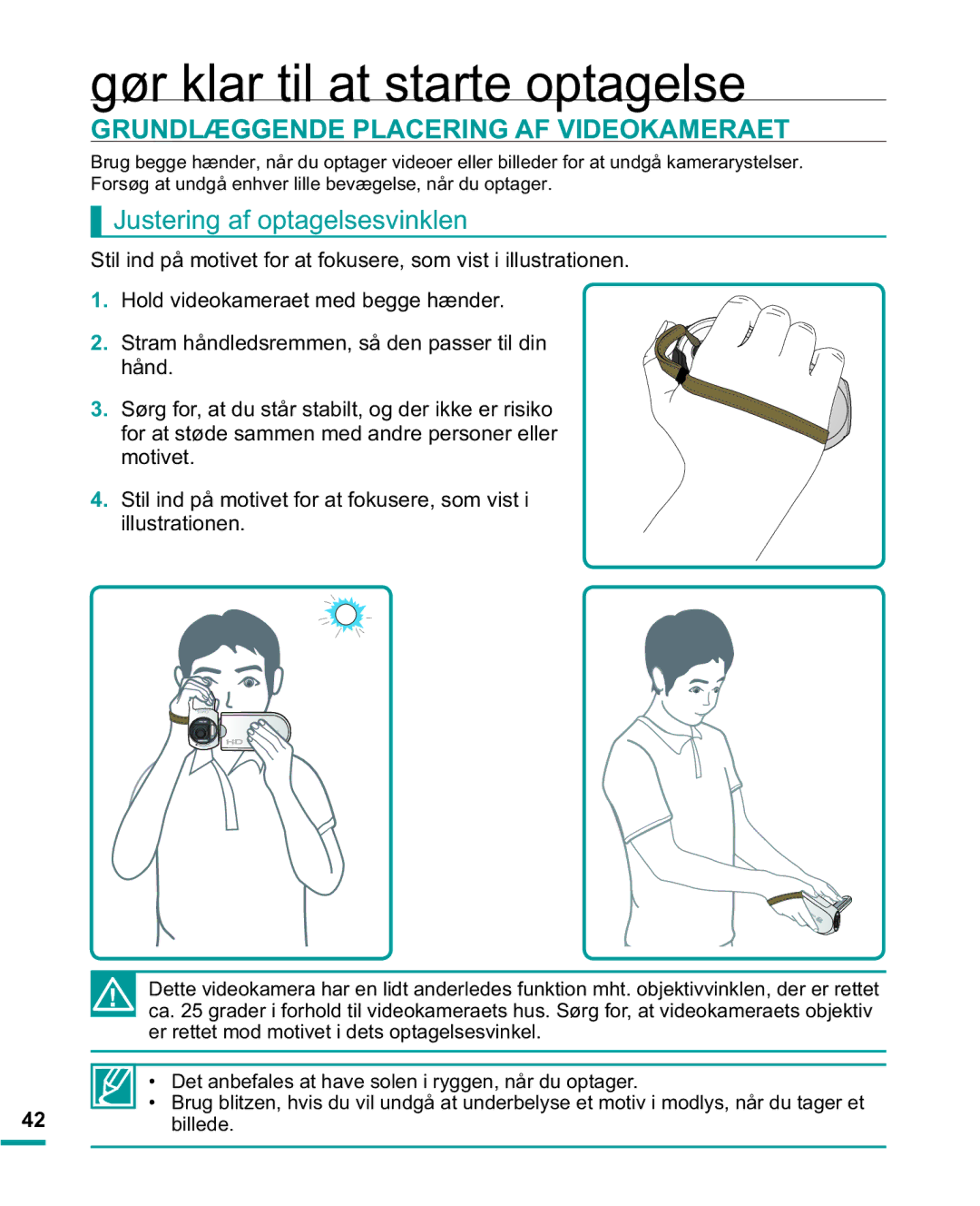 Samsung HMX-R10BP/EDC, HMX-R10SP/EDC manual Grundlæggende Placering AF Videokameraet, Justering af optagelsesvinklen 