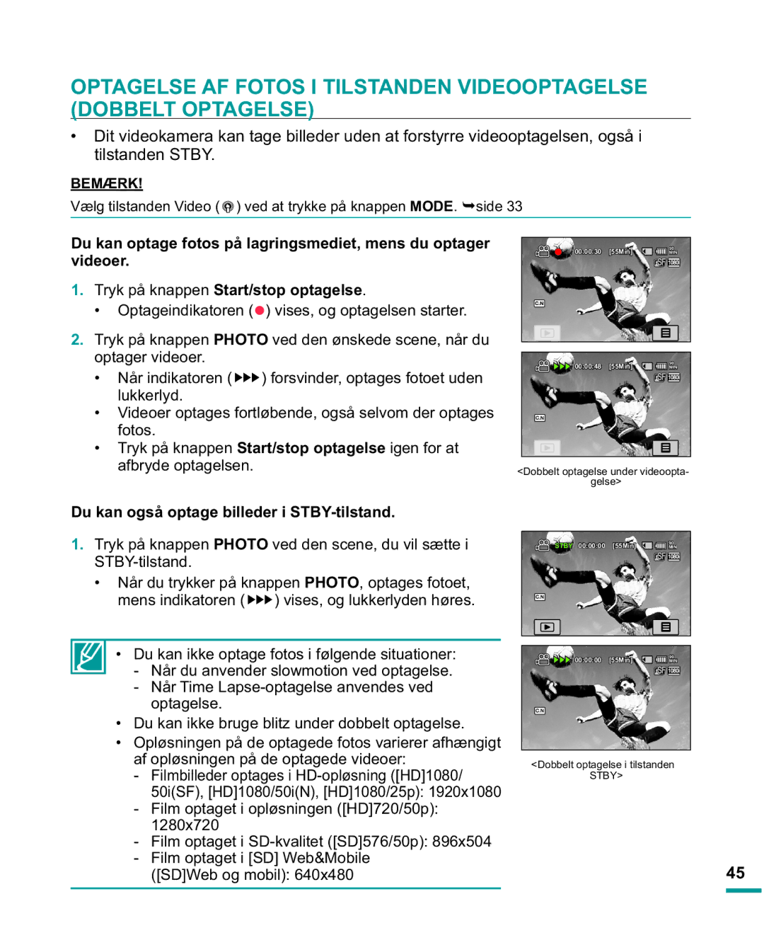 Samsung HMX-R10SP/EDC, HMX-R10BP/EDC manual WLOVWDQGHQ67%, Du kan også optage billeder i STBY-tilstand 