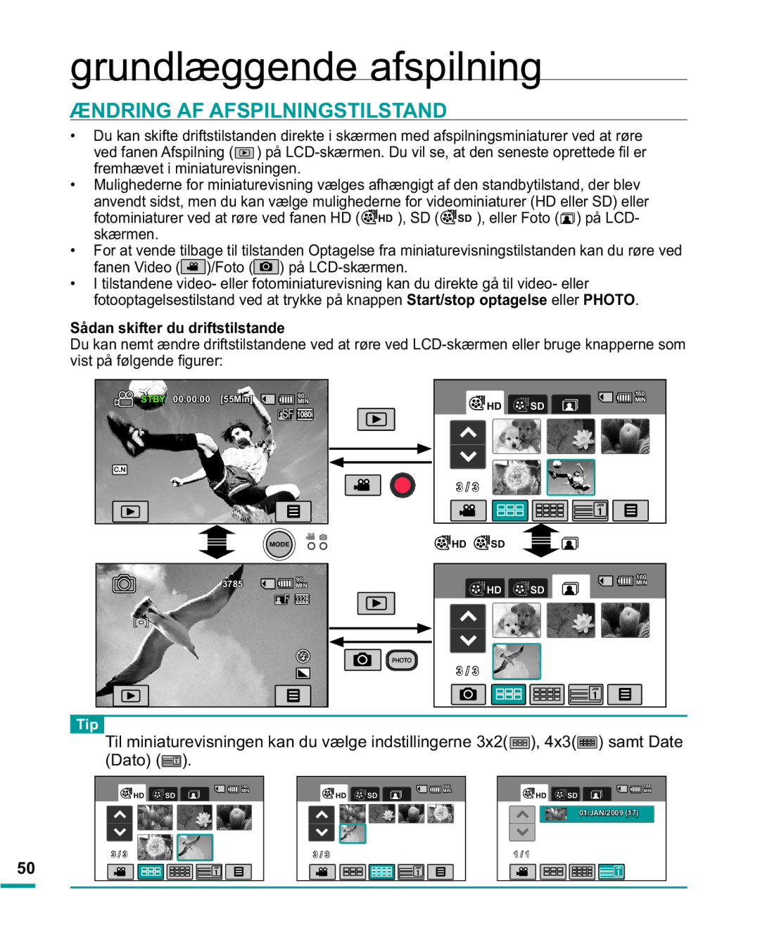 Samsung HMX-R10BP/EDC manual Ændring AF Afspilningstilstand, Ved fanen Afspilning, HD , SD SD , eller Foto på LCD, Vn Uphq 