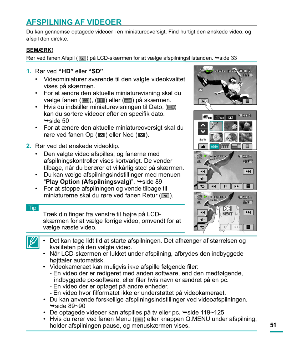 Samsung HMX-R10SP/EDC, HMX-R10BP/EDC manual Afspilning AF Videoer, Play Option Afspilningsvalg. ¬side, OjhQ VwhYlghr 