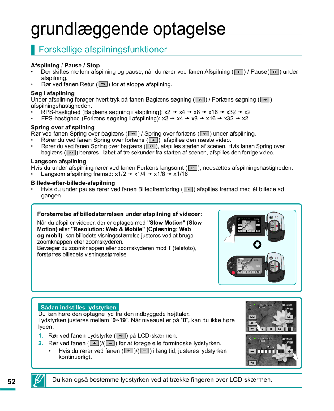 Samsung HMX-R10BP/EDC manual Forskellige afspilningsfunktioner, Afspilning / Pause / Stop, VwhYlghr, Langsom afspilning 