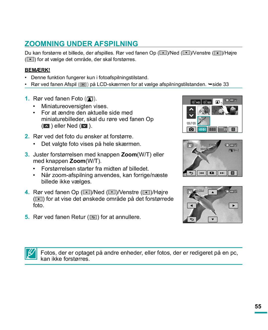 Samsung HMX-R10SP/EDC, HMX-R10BP/EDC manual Zoomning Under Afspilning, Rør ved fanen Foto Miniatureoversigten vises 