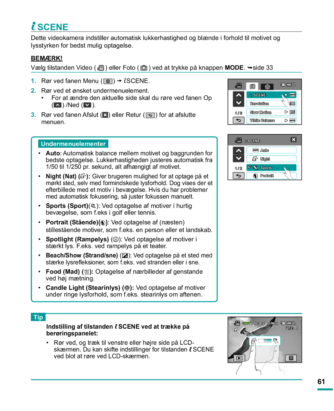 Samsung HMX-R10SP/EDC, HMX-R10BP/EDC manual Scene, Undermenuelementer 