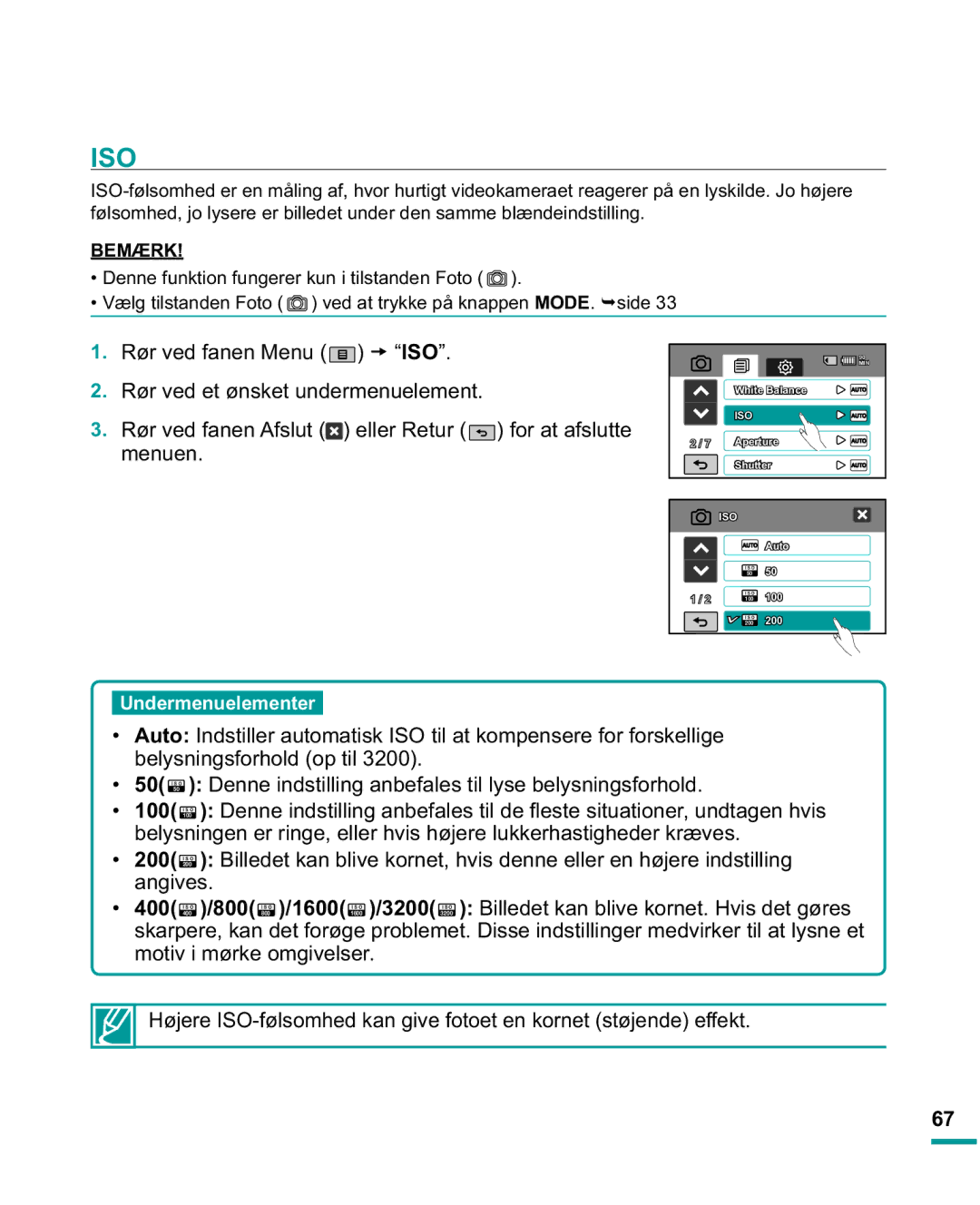 Samsung HMX-R10SP/EDC, HMX-R10BP/EDC manual Iso, 100, 200, 400, 800 