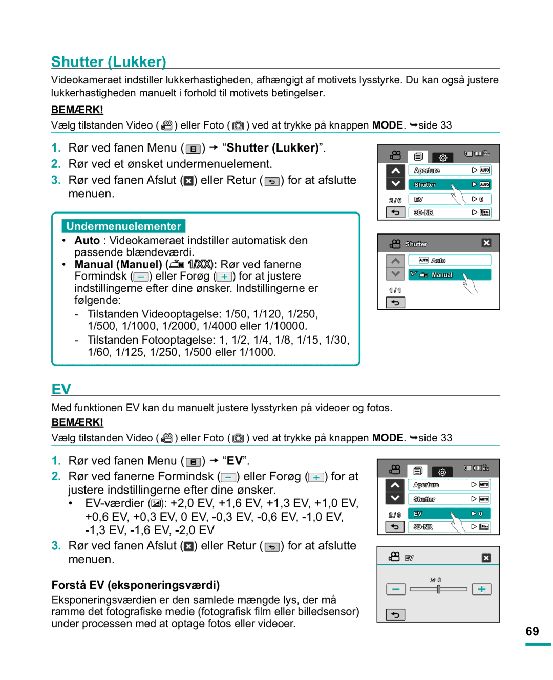 Samsung HMX-R10SP/EDC, HMX-R10BP/EDC manual Shutter Lukker, Forstå EV eksponeringsværdi, Qghy, Manual Manuel 