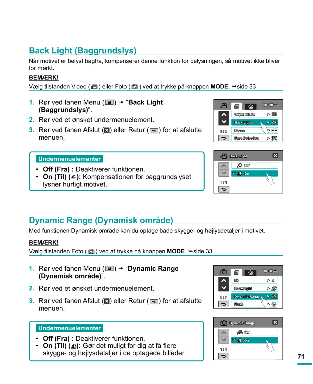 Samsung HMX-R10SP/EDC, HMX-R10BP/EDC manual Back Light Baggrundslys, Dynamic Range Dynamisk område, On Til 