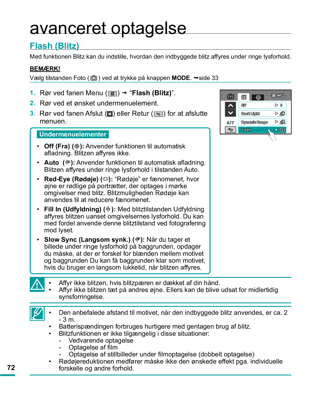 Samsung HMX-R10BP/EDC manual Flash Blitz, Off Fra Anvender funktionen til automatisk, Dàdgqlqj%OlwhqDii\UhvLnnh 