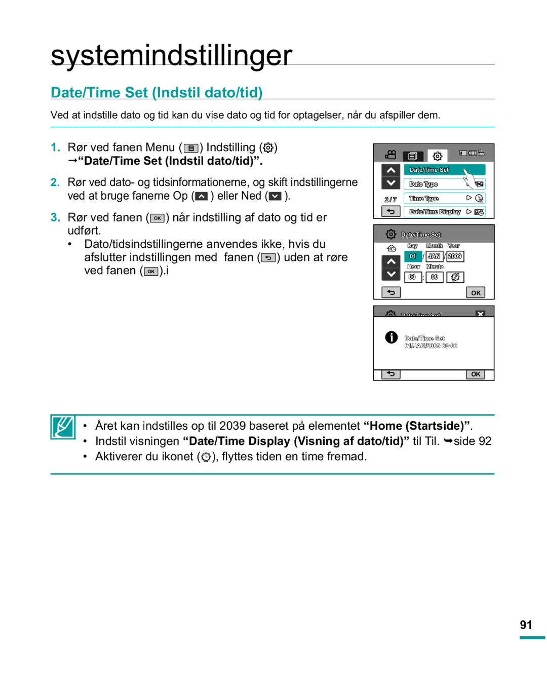 Samsung HMX-R10SP/EDC manual Systemindstillinger, Date/Time Set Indstil dato/tid, Rør ved fanen Menu ,QGVWLOOLQJ 