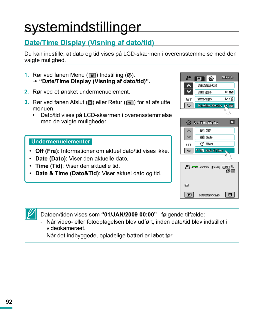 Samsung HMX-R10BP/EDC, HMX-R10SP/EDC manual Date/Time Display Visning af dato/tid, Videokameraet 