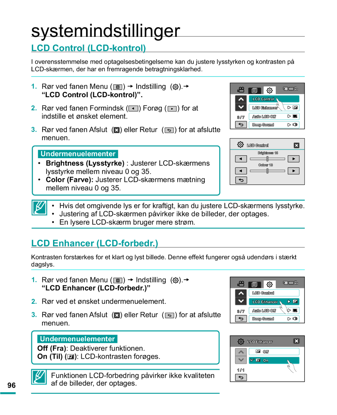 Samsung HMX-R10BP/EDC manual LCD Control LCD-kontrol, LCD Enhancer LCD-forbedr, Rør ved fanen Menu t,QGVWLOOLQJ .t 