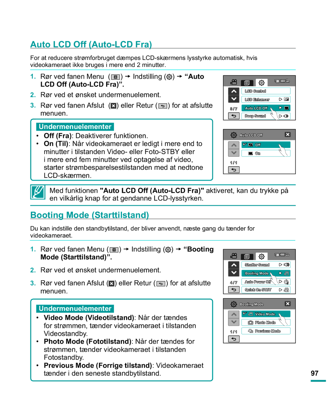 Samsung HMX-R10SP/EDC, HMX-R10BP/EDC manual Auto LCD Off Auto-LCD Fra, Booting Mode Starttilstand 