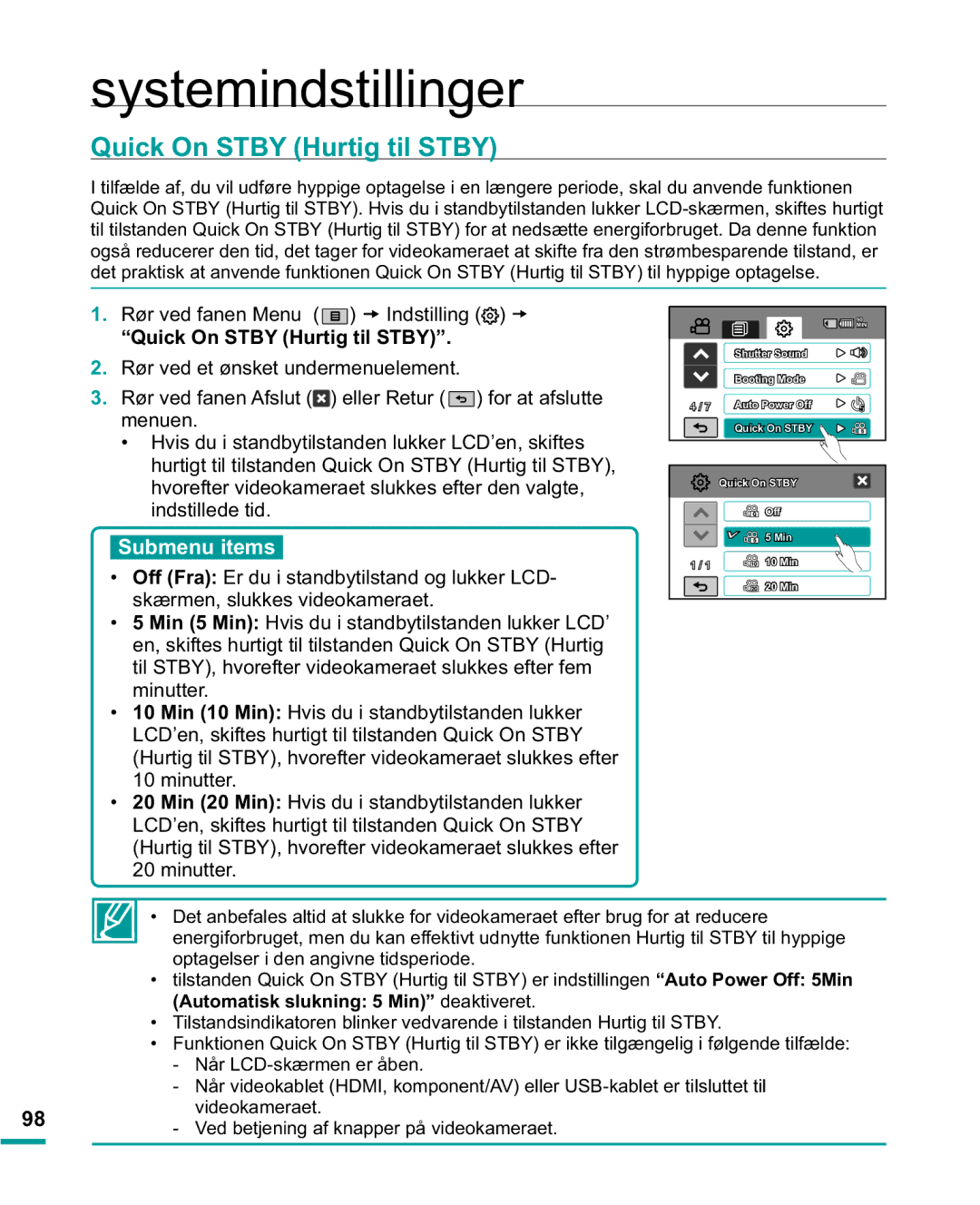 Samsung HMX-R10BP/EDC, HMX-R10SP/EDC manual Quick On Stby Hurtig til Stby, Submenu items, Vn UphqVoxnnhvYlghrndphudhw 