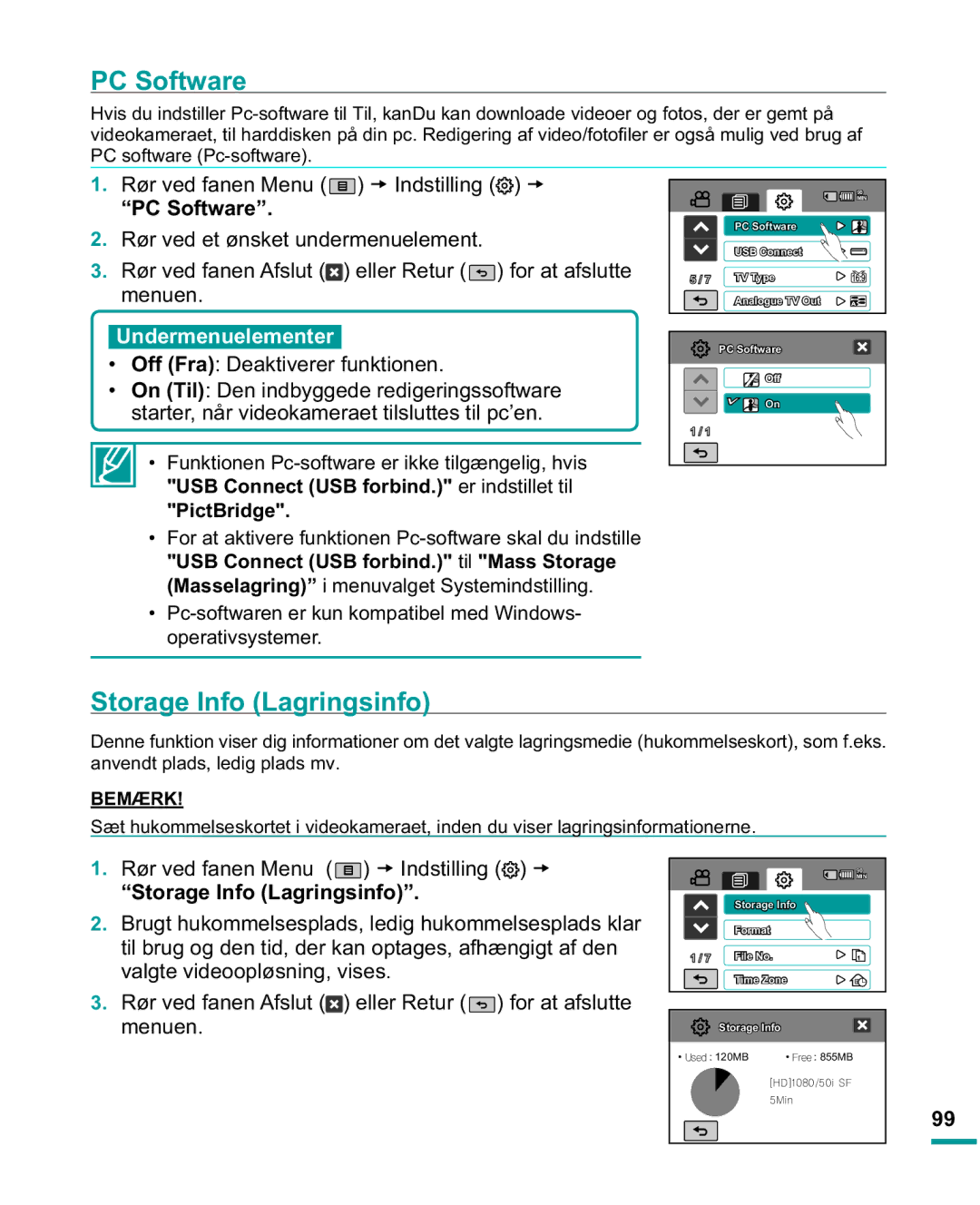 Samsung HMX-R10SP/EDC, HMX-R10BP/EDC manual PC Software, Storage Info Lagringsinfo 