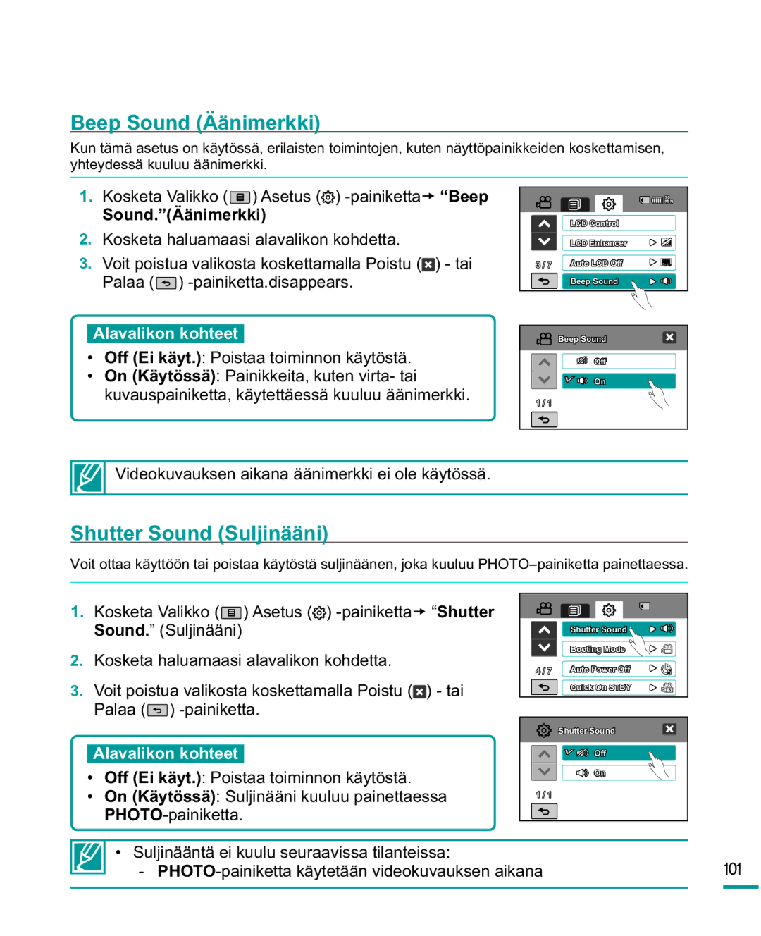 Samsung HMX-R10SP/EDC, HMX-R10BP/EDC manual Beep Sound Äänimerkki, Shutter Sound Suljinääni, Sound.Äänimerkki 