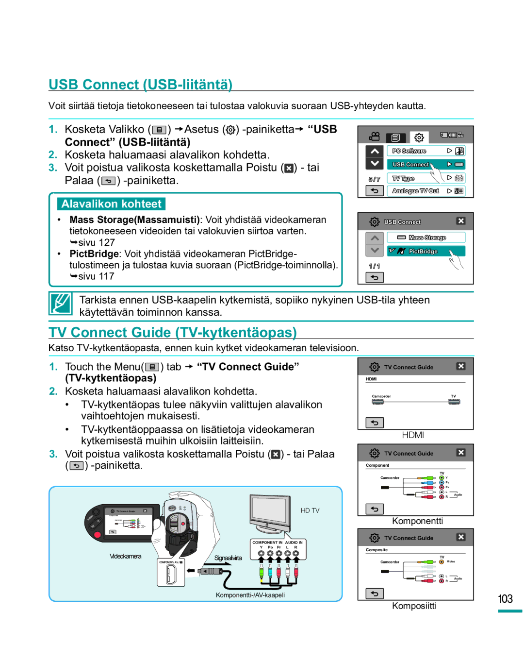 Samsung HMX-R10SP/EDC, HMX-R10BP/EDC manual USB Connect USB-liitäntä, TV Connect Guide TV-kytkentäopas, 103 