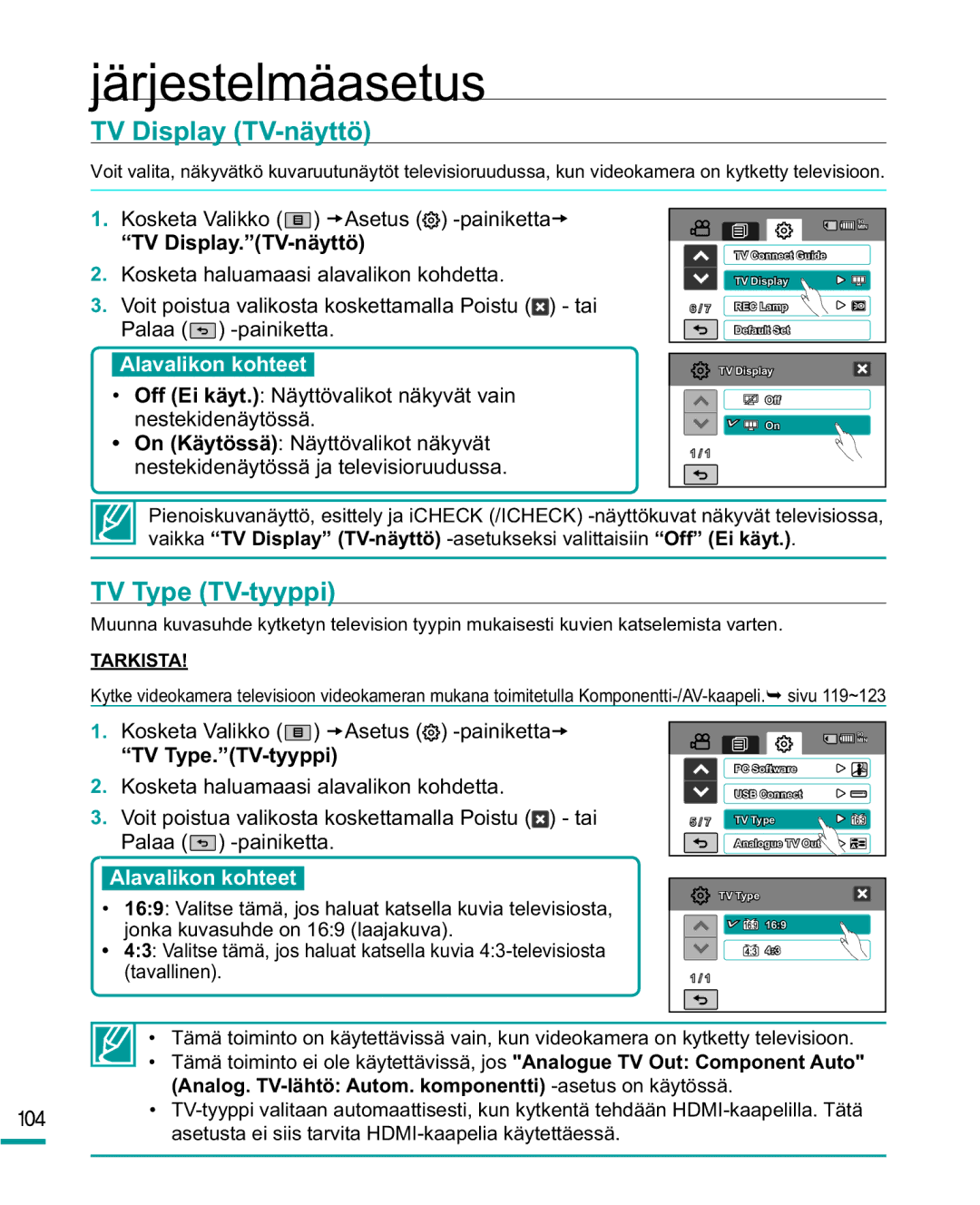 Samsung HMX-R10BP/EDC, HMX-R10SP/EDC manual TV Display TV-näyttö, TV Type TV-tyyppi, TV Display.TV-näyttö, TV Type.TV-tyyppi 