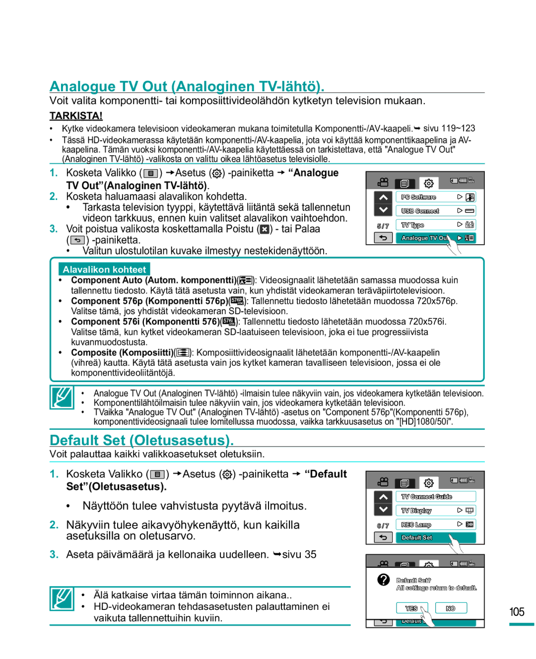 Samsung HMX-R10SP/EDC, HMX-R10BP/EDC Analogue TV Out Analoginen TV-lähtö, Default Set Oletusasetus, 105, SetOletusasetus 