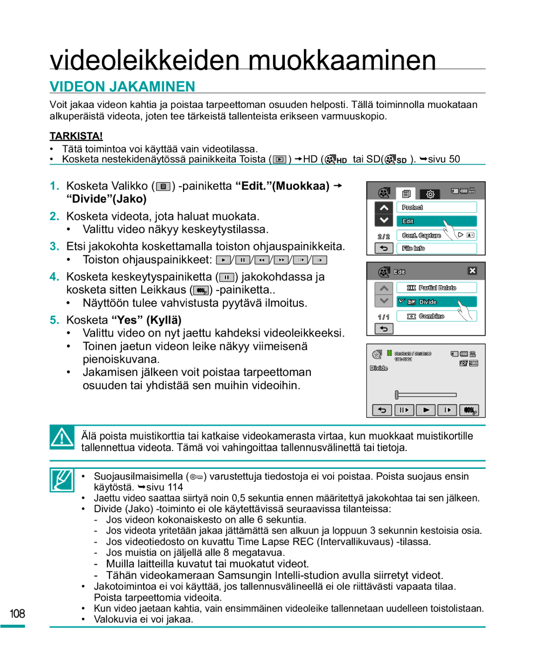 Samsung HMX-R10BP/EDC, HMX-R10SP/EDC manual Videon Jakaminen, DivideJako 