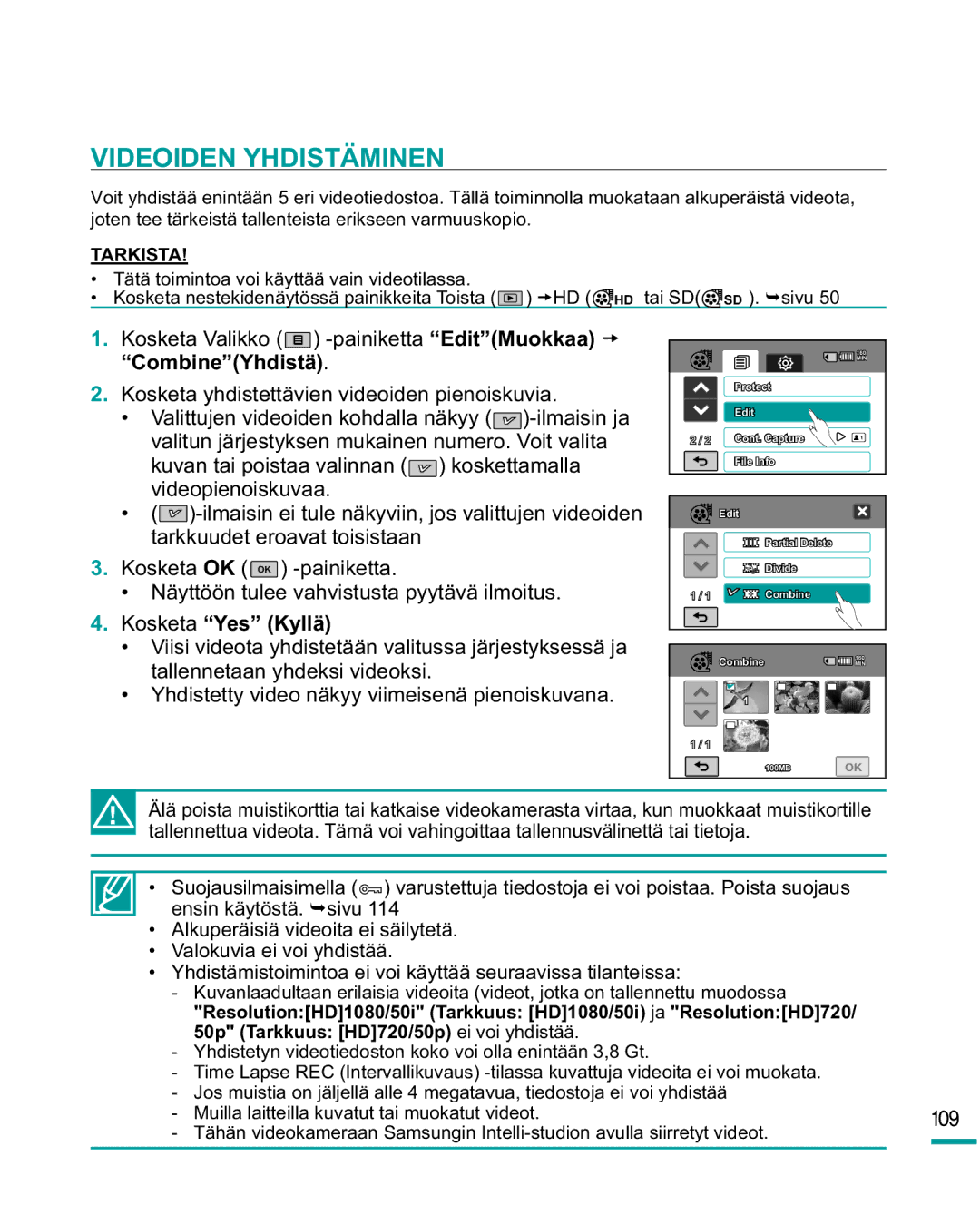 Samsung HMX-R10SP/EDC, HMX-R10BP/EDC manual Videoiden Yhdistäminen, CombineYhdistä 