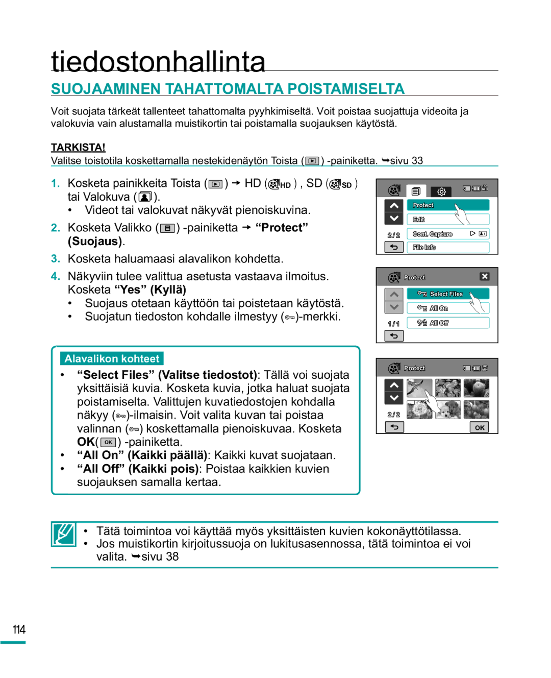 Samsung HMX-R10BP/EDC, HMX-R10SP/EDC manual Tiedostonhallinta, Suojaaminen Tahattomalta Poistamiselta 