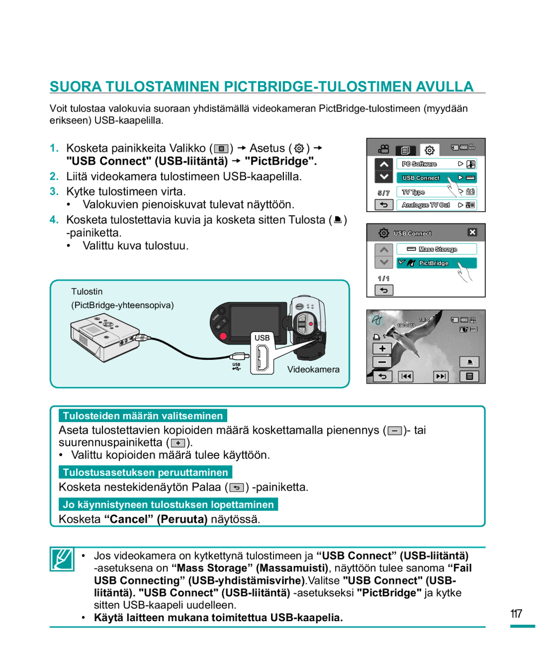 Samsung HMX-R10SP/EDC manual Suora Tulostaminen PICTBRIDGE-TULOSTIMEN Avulla, USB Connect USB-liitäntä t PictBridge 